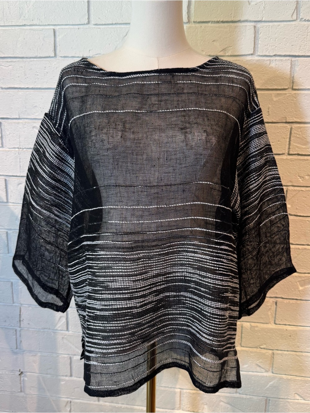Eileen Fisher Black White Organic Linen Blend Lightweight Sheer Knit Top XS